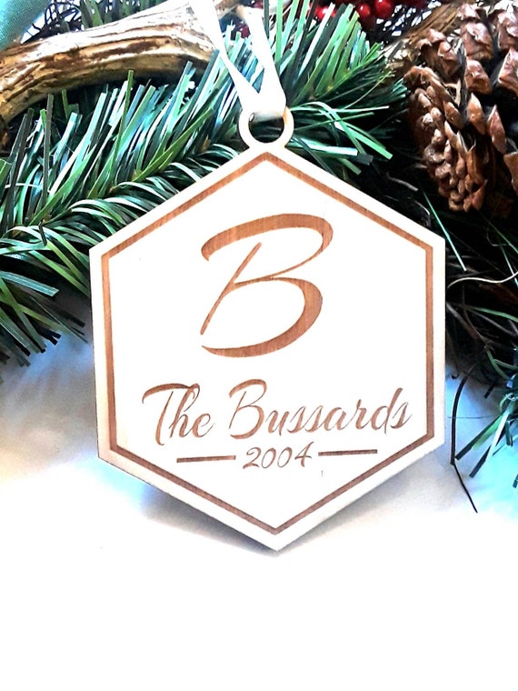 Monogram Hexagon Christmas Ornament Engraved Wood Ornaments Personalized Family Name Established Date Wedding Anniversary Gift Laser Cut