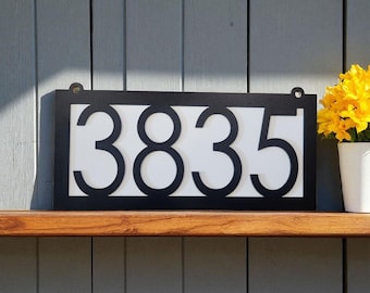 DOUBLE SIDED Modern House Number Plaque | Horizontal Hanging Address Sign | Garden Post Address Sign | Metal Home Address Sign | Horizontal