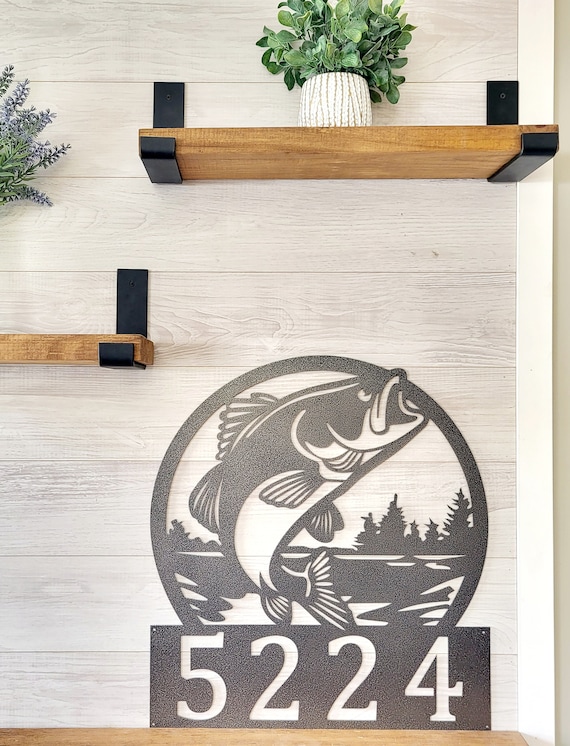 Bass Fish Address Sign | Fish Address Sign | Fishing House Number Address Sign | Lake Scene | Fisherman Gift | Cabin Metal Wall Art | Camp