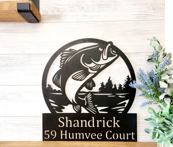 Bass fish address sign | fish address sign | fishing house number address sign | lake scene | fisherman gift | cabin metal wall art | camp
