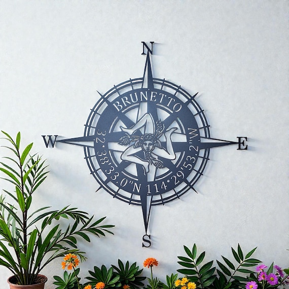 Custom GPS Sicilian Trinacria Compass Metal Wall Art Personalized Coordinates Name Sign Home Décor Nautical Man Cave Decoration