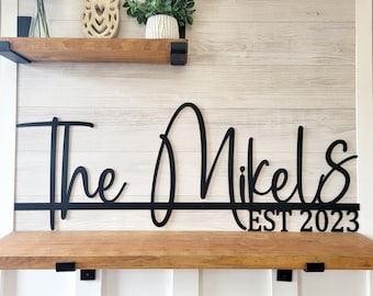 Puede incluir: Decoración de pared de metal negro con el texto "The Nikels EST 2023" en una fuente cursiva.
