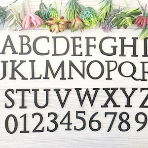 May include: Black uppercase letters A through Z and numbers 0 through 9 on a white wooden background. The letters and numbers are arranged in three rows. The letters are in a serif font. The numbers are in a sans-serif font.
