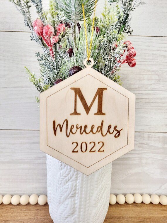 Monogram Hexagon Christmas Ornament Engraved Wood Ornaments Personalized Kids Name Birth Date Gift Laser Cut Childs Birthday Keepsake