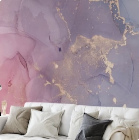 Marble textured Wallpaper Mural - pink, purple and gold yellow removable wallpaper, peel and stick option