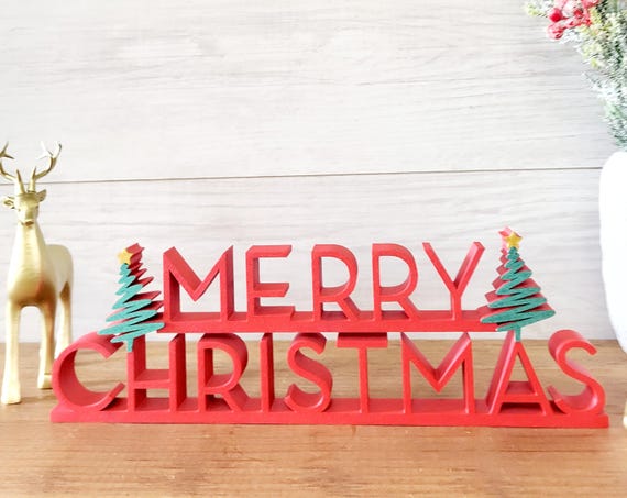 Freestanding Merry Christmas Sign | Christmas Tree Sign | Christmas Display | Holiday Tier Tray Decor | Winter Wonderland Decor | Party