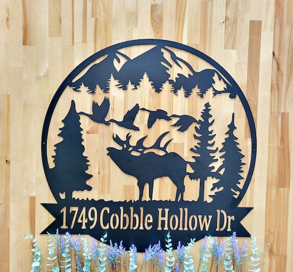 Personalized moose sign | moose address sign | outdoor pine tree mountain scene | hunter gift | cabin metal wall art | camp lodge