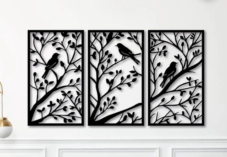 3 Piece Birds on a Tree Branch Sign | Metal Bird Wall Art | Bird Scene ...