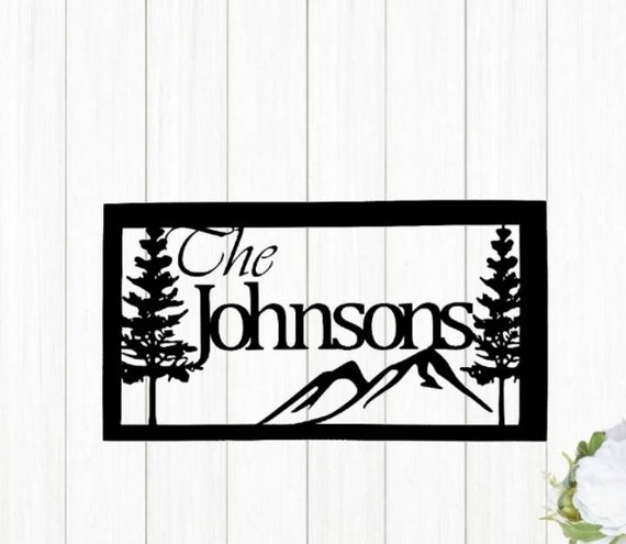 Personalized Mountain Sign Custom Family Last Name Sign Outdoor Pine Tree Mountain Scene Nature Hunter Gift Cabin Metal Wall Art Lodge