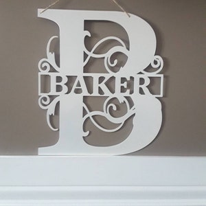 Fancy scroll monogram door hanger monogrammed sign front door hanger personalized gift wedding gift last name sign last name door wreath