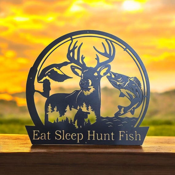 Eat Sleep Fish Hunt Sign | Personalized Deer Sign | Deer Address Sign | Fish Welcome Sign | Fisherman Gift | Custom Hunter Gift Cabin Decor