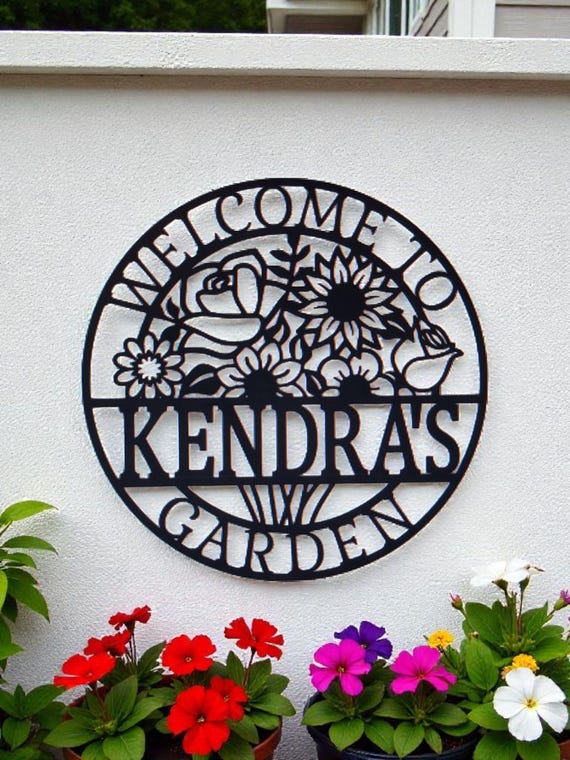 Custom Name Gardening Sign | Flower Patio Sign  Round name door hanger | Floral name sign | Personalized Gift for Gardener Front door wreath