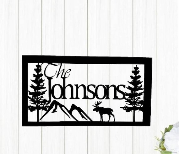 Personalized moose sign custom family last name sign outdoor pine tree mountain scene nature hunter gift cabin metal wall art lodge