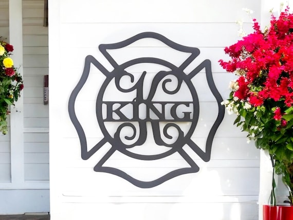 Fireman Last Name Sign | Metal Monogram Wreath | Framed Family Initial | Split Letter Door Hanger | Fire Department | Fire Rescue Gift