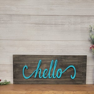 Wood Hello Sign | Hello Entryway Sign | Hello Cursive Metal Word ...