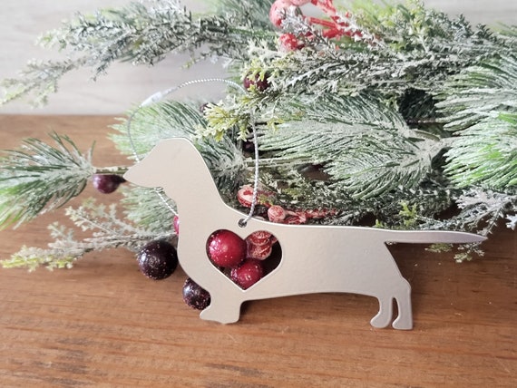 Dachshund metal ornament with heart | dog ornament | christmas tree decorations | holiday decor | dog lover | wiener dog | pet ornament |