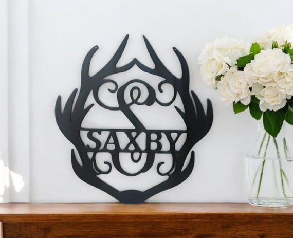 Deer antler sign split monogram door hanger antler wreath family last name initial wreath antlers sign hunter gift fireplace cabin decor