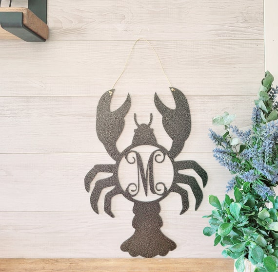 Lobster monogram door hanger sign nautical house steel boat lake ocean river nautical home decor crab family initial wreath beach house