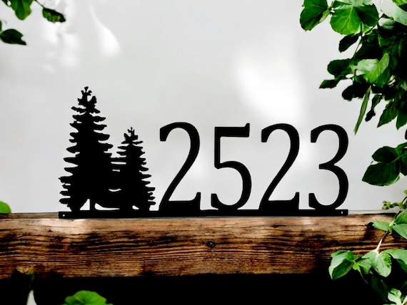 Rustic Address Sign | Pine Tree Sign | House Numbers | Metal Address Sign | Custom Address | Weatherproof Coating | 4 Number Address Sign