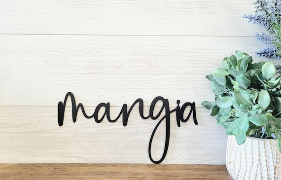 Mangia sign | mangia metal sign | eat sign | mangia tutti | kitchen sign| dining room decor | cursive metal word | script recycled steel