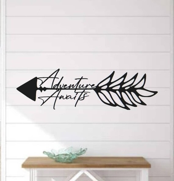 Adventure awaits metal sign | adventure arrow sign | world traveler home decor | cursive metal word sign | explorer sign | our adventures
