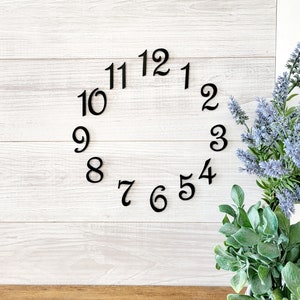May include: Black numbers 1 through 12 arranged in a circle on a white wood background. The numbers are in a cursive font.