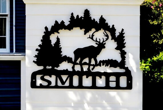 Personalized Deer Sign | Last Name Sign | Forest Metal Decor | Wildlife Scene Porch Sign | Weatherproof | Fireplace Decor | Hunter Gift