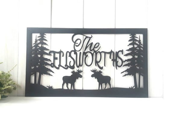 Personalized moose sign custom family last name sign outdoor pine tree mountain scene nature hunter gift cabin metal wall art lodge