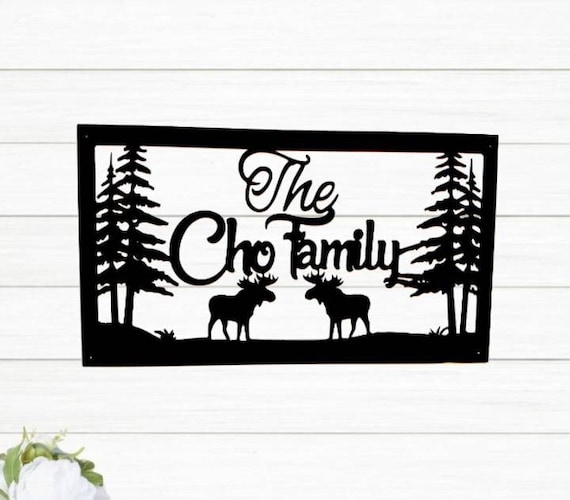 Personalized moose sign custom family last name sign outdoor pine tree mountain scene nature hunter gift cabin metal wall art lodge