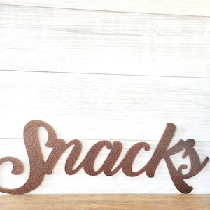 Snack sign | metal snack sign |wine bar sign | kitchen sign | dining room decor | cursive metal word | metal wall decor |  recycled steel