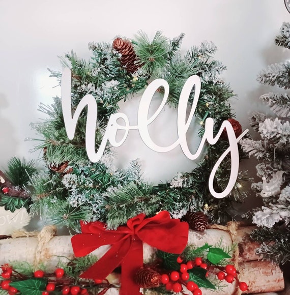 Holly christmas tree ornament | hand lettered laser cut christmas ornaments | farmhouse christmas decor | script word tree ornaments