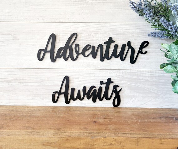 Adventure awaits metal sign | world traveler home decor | cursive metal word sign | explorer sign | adventures | adventurer gift