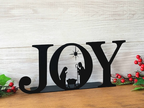 Metal joy sign | nativity sign | christian nativity | manger scene | farmhouse christmas décor | standing nativity christmas | mantle sign