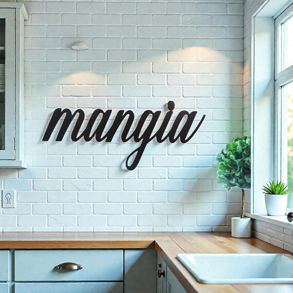 Mangia Sign | Mangia Metal Sign | Eat Sign | Mangia Tutti | Kitchen Sign| Dining Room Decor | Cursive Metal Word | Script Recycled Steel