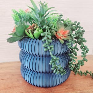 May include: A blue ceramic planter with a ribbed design, filled with a variety of green succulents and a single red succulent.