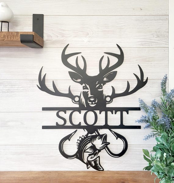 Personalized deer sign | fish sign | last name sign | metal deer and fish sign | hunting | fishing | hunter fisherman gift | fathers day
