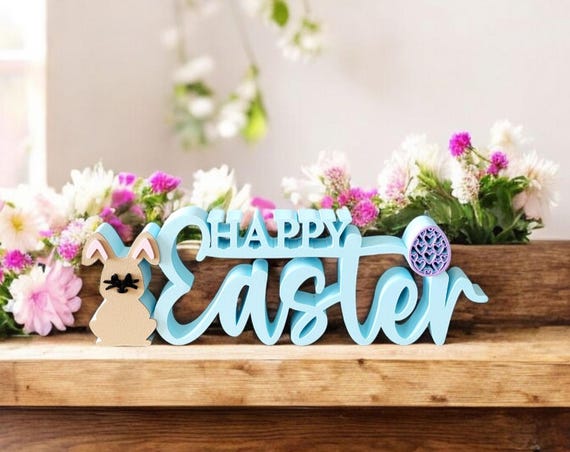 Happy Easter Sign | Freestanding Easter Bunny Sign | Easter Egg Sign | Easter Display for Shelf or mantle | Spring Decor for Tier Tray