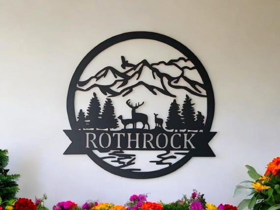 Personalized Deer Sign | Deer Address Sign | Outdoor Pine Tree Mountain Scene | Hunter Gift | Cabin Metal Wall Art | Camp Lodge