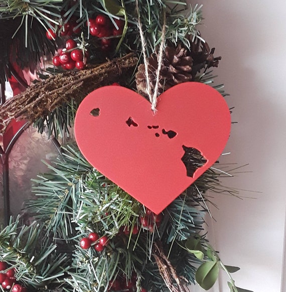 Hawaii State Christmas Ornament Custom Engraved Heart HI Holiday Tree Decoration Beach Honeymoon Keepsake Hostess Gift Wood Hawaii