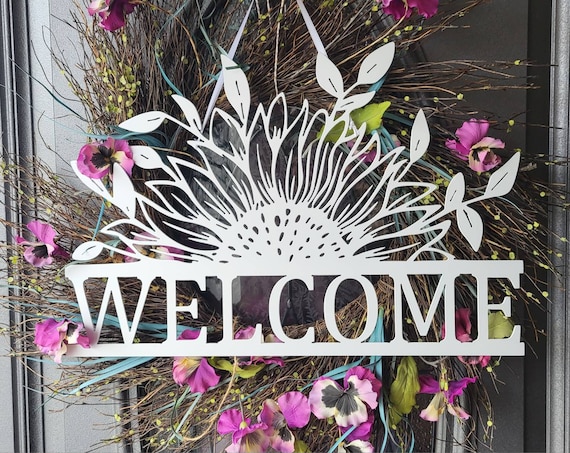 Sunflower Welcome Sign | Sunflower Door Hanger | Spring Flower Wreath | Metal Sunflower Sign | Front Door Sign | Entryway Decor | Garden