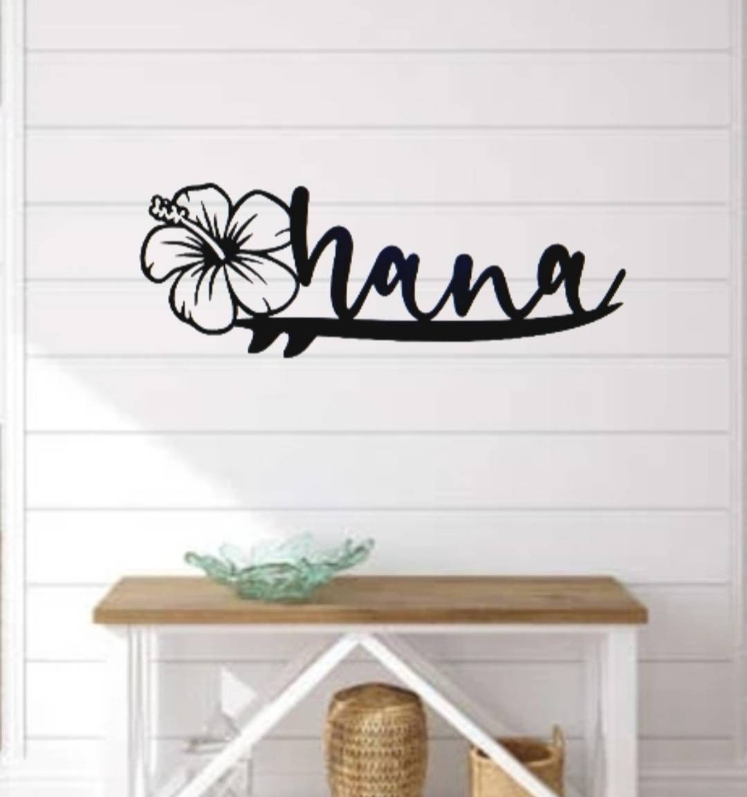 Ohana Metal Sign | Hibiscus Flower Surfboard Sign | Cursive Ohana