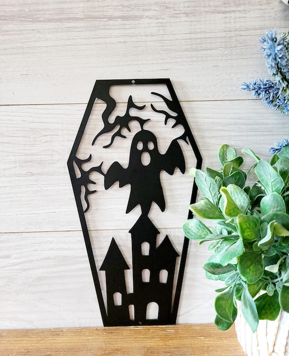 Haunted House  Sign | Metal Coffin Sign | Scary Ghost Garden Sign  | Spooky Web Sign | Halloween  Party Decor | Scary Yard Front Porch Sign