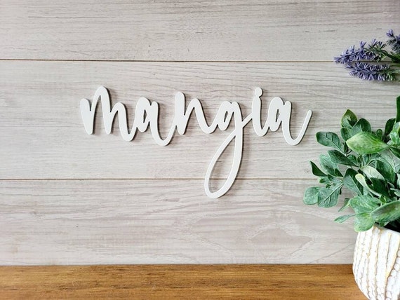 Mangia sign | mangia metal sign | eat sign | mangia tutti | kitchen sign| dining room decor | cursive metal word | script recycled steel