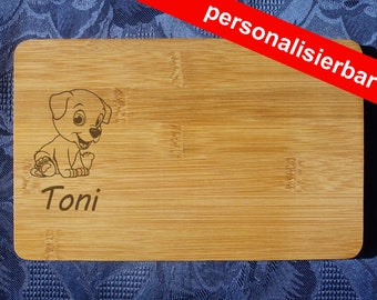 personalized cutting board motif "puppy" dog child + name, bamboo, rectangular, engraving