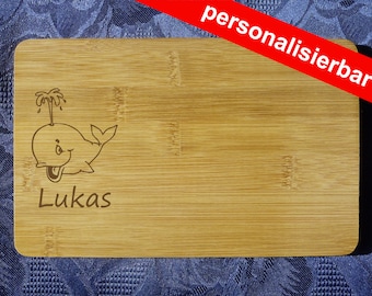 personalized cutting board motif "Whale 1" + name, bamboo, rectangular, engraving