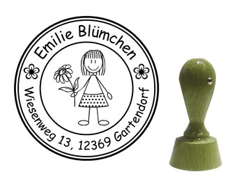 personalisierter Stempel Figur wählbar "Strichmännchen Blumenmädchen" rund