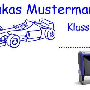 Schulstempel Stempel Rennwagen 58 x 22 mm - Stempelautomat Name + Klasse   Kind Kinder