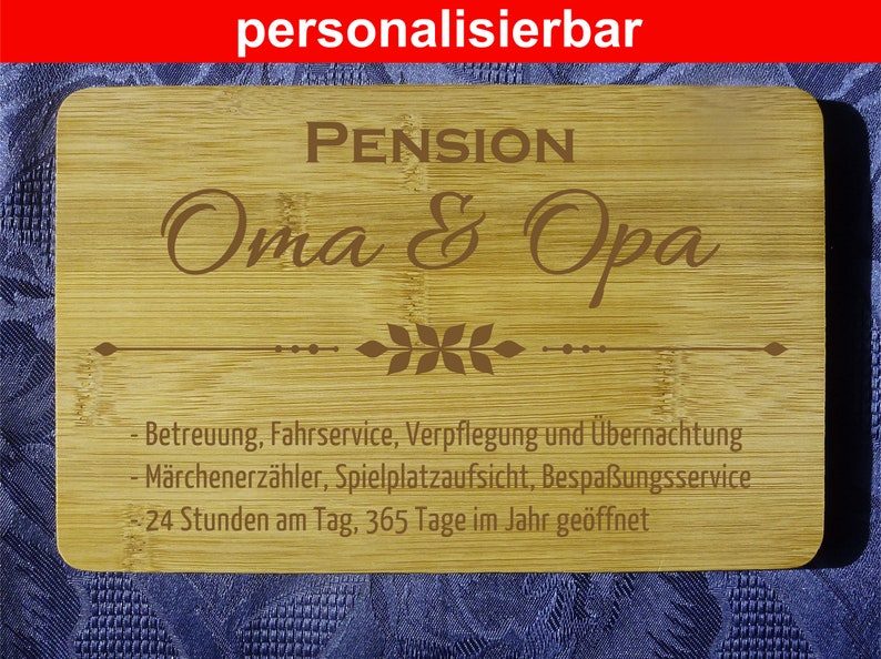 Holz-Schild Schneidebrett mit individuellem Text, Motiv Pension 1 22 x 14 cm, Bambus, Pension Oma Mama Opa Papa zdjęcie 1