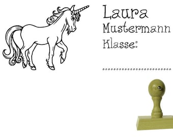 Schulstempel Stempel Einhorn 60x20mm - Holzstempel Name + Klasse