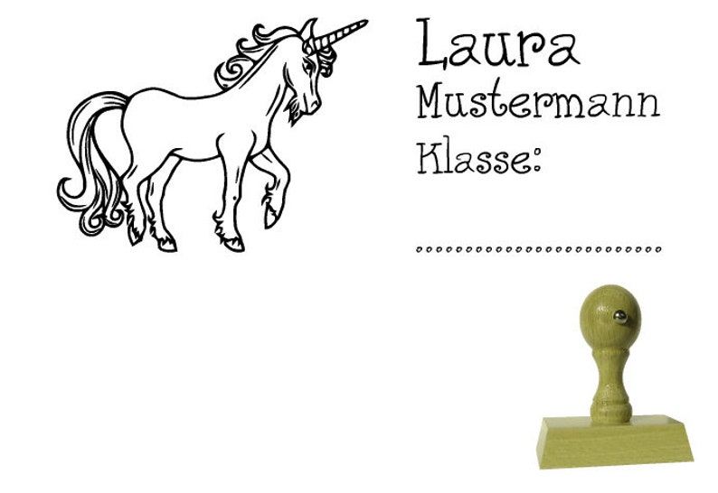 Schulstempel Stempel Einhorn 60x20mm Holzstempel Name Klasse Bild 1